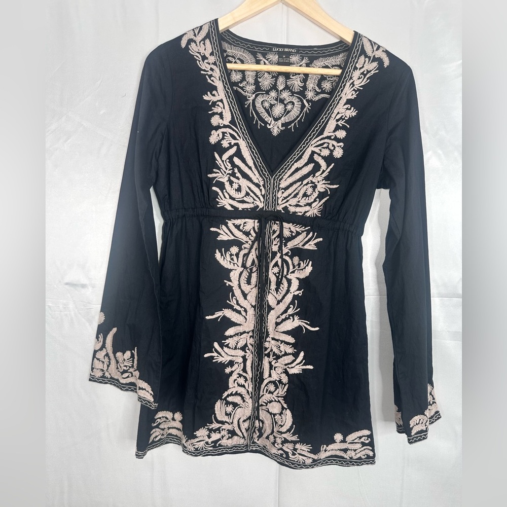 Lucky Brand Black and Cream Embroidered Tunic